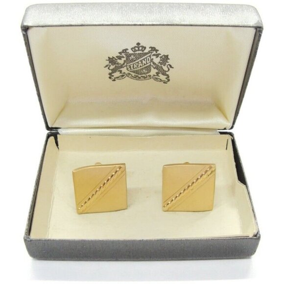 Strand Square Rolled Rope Design Vtg Cufflinks Gold Tone Tux Wedding Formal IOB - Picture 10 of 11
